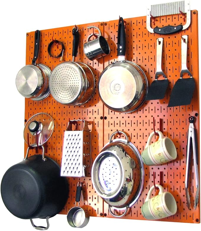 Wall Control Kitchen Pegboard Organizer Pots and Pans Storage Rack Organization Kit with Orange Pegboard and Red Accessories