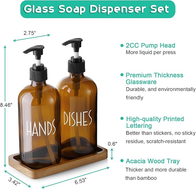 ALELION Amber Dlass Soap Dispenser for Kitchen - 16 OZ Hand and Dish Soap Dispenser Set with Acacia Wood Tray - for Kitchen Decor and Accessories