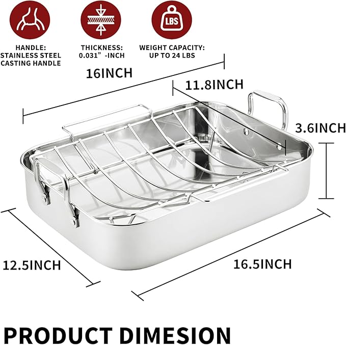 QPMR 16.5inch Roasting Pan with V-Shape Rack - Stainless Steel Large Turkey Roaster Pan for Turkey, Chicken, Ham Roaster with V-Shaped Baking Rack Heavy Duty Dishwasher Safe, Hold up to 22LB