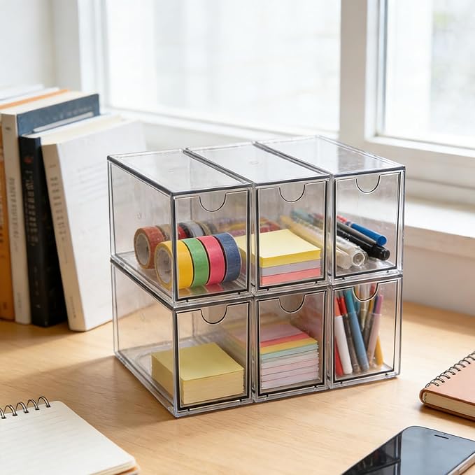 6-Pack Tea Bag Drawers Organizer – Clear Plastic Tea Bag Holder, Stackable & Portable, Wide Storage Drawers for Cabinet, Pantry, Kitchen Counter, Herbal Tea, Coffee Pods (6-Tier)
