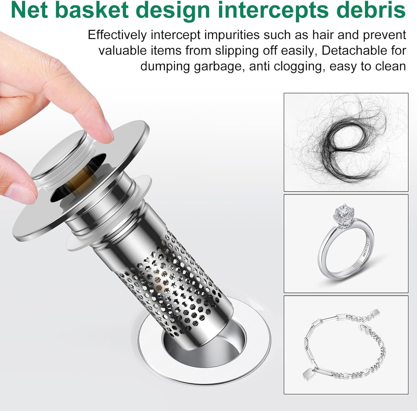 Bathroom Sink Drain Strainer,Universal Pop-Up Sink Stopper Hair Catcher, Anti-Clog Stainless Steel Drain Filter Basket, Removable Sink Drain for Bathroom Sink Stopper Replacement