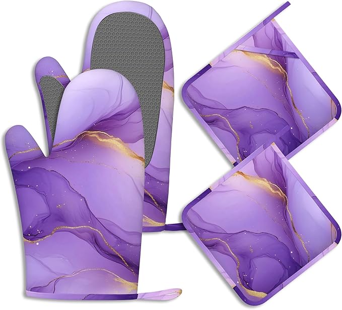Marble Oven Mitts and Pot Holders Sets of 4 Purple Gold Marble Heat Resistant Silicone Oven Mits Gloves Non-Slip Kitchen Mittens Potholders for Cooking Baking Grilling BBQ