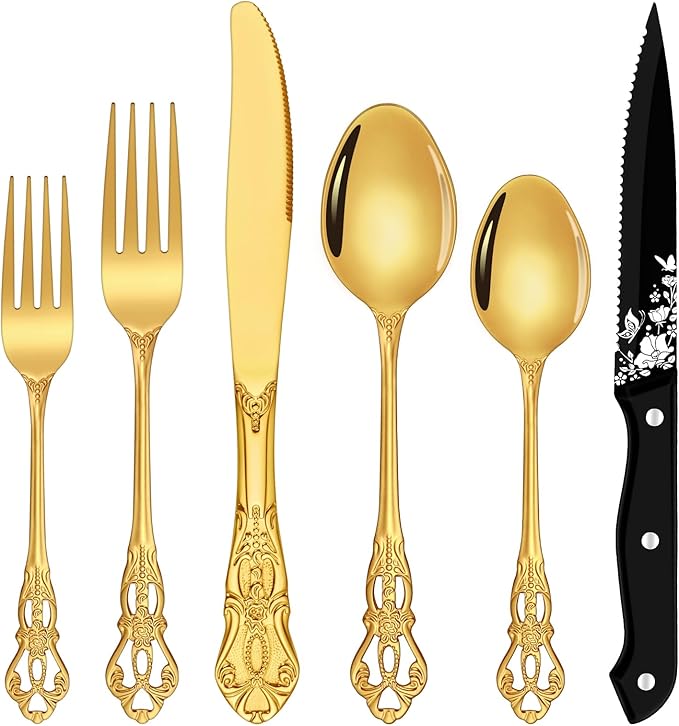 Gold Silverware Set, Ollex 24 Pieces Retro Flatware Set for 4 with Spoons Forks Black Steak Knives Anti-rust Silverware Steel Cutlery Set, Gold Utensil set Mirror Polished&dishwasher safe