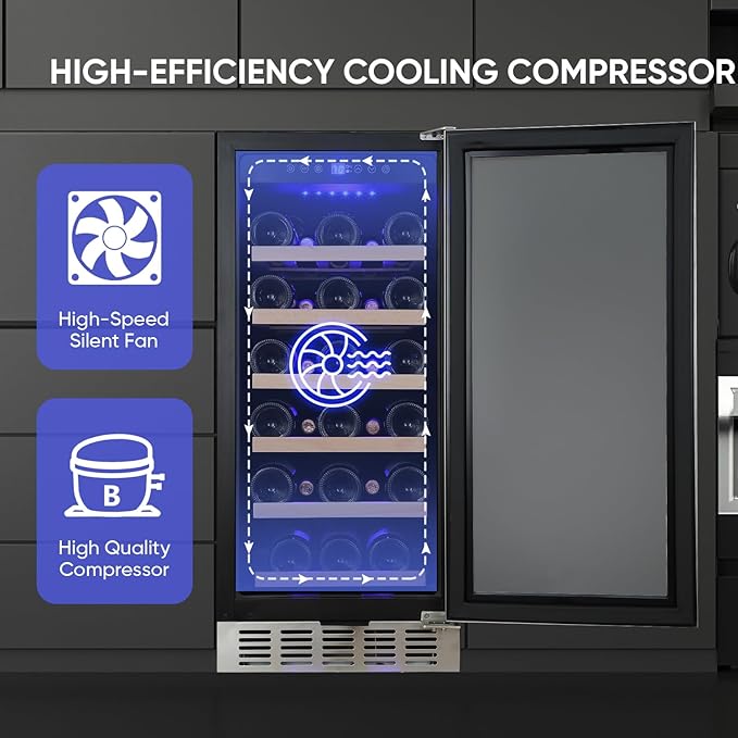 ORYMUSE 15 Inch Wine Cooler Under Counter, 30 Bottle Wine Fridge with Stainless Steel Glass Door, Built-In or Freestanding Wine Cellar with Removable Shelves and Digital Temperature Control