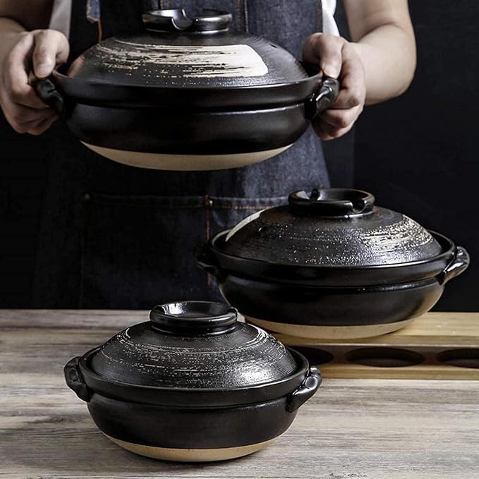 Round Casserole Dish Heat-Resistant Ceramic Casserole With Lid Soup Pot With Soup Pot Oil-Free Saucepan Japanese Donabe Hot Pot With Brushstroke Saucepan With Slow Stew W,B-1.7L