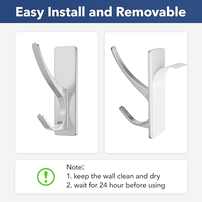 pickpiff Silver Self Adhesive Coat Hooks for Hanging: 13LB Extra Strong Stainless Wall Hook for Towel, Utensil, Backpack, Hat, Sturdy Metal Hanger for Bathroom, Kitchen, Door, 10-Pack