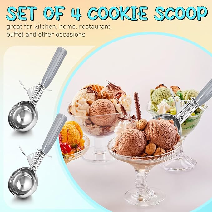 Reallnaive 4 Pcs Release Cookie Scoops Ice Cream Scooper with Trigger Release Portion Scoop Stainless Steel for Portion Control, Baking Food, Cookie Dough (4 oz,Gray)