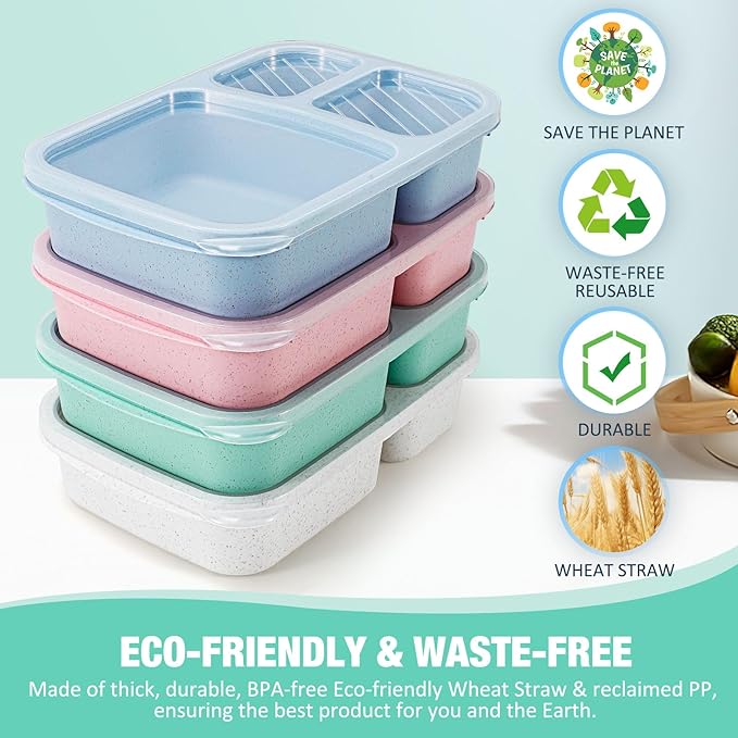 Caperci Wheat Straw Bento Lunch Box Containers for Adults & Kids - 3-Compartment Reusable Meal Prep Containers for School, Work, Travel, Set of 4 (Multicolor & Clear Lids)