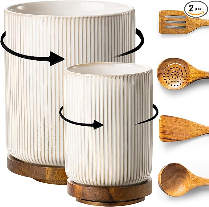getstar Large Rotating Utensil Holder for Kitchen Counter,7.9"+6" Ceramic Utensils Crocks Set for Countertop Large & Small Utensil Organizer for Spatula Farmhouse Kitchen Decor