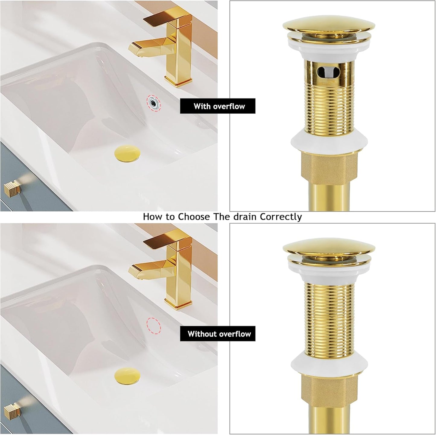 Bathroom Sink Drain, 2 Pack Gold Drain Stopper Without Overflow,Pop Up Drain Assembly Without Detachable Strainer Basket,Built-in Anti-Clogging Strainer,Stainless Steel
