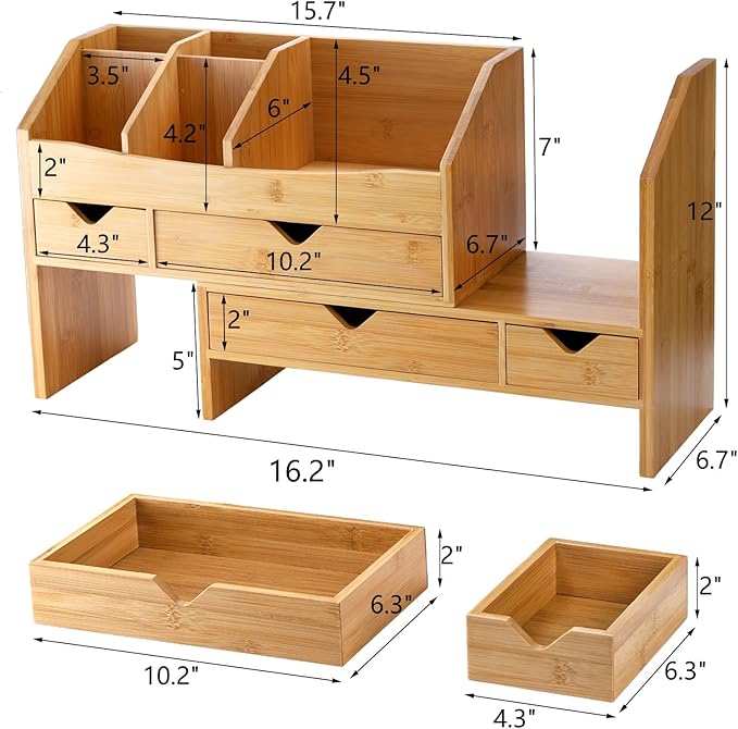 Lawei Bamboo Desk Organizer with Adjustable File Holder, Mini Desk Drawer Tabletop Organization Box with 4 Drawers for Makeup, Letter, Pens, Home Office Supplies, Vanity, 3 Layer, Fully Assembled