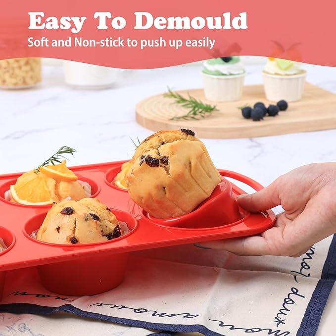 2 Pack Jumbo Silicone Muffin Pan with Metal Frame, Non-stick Large Silicone Cupcake Pan with Handles 6 Cup, Silicon Muffin Tin Tray for baking, egg bites, Cupcake Mold, BPA Free Red