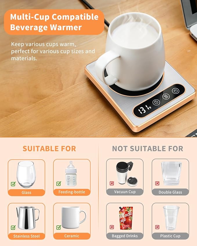 Maestri House ETL Listed Coffee Mug Warmer with 4 Temp Settings & 1-12 Hour Timer, Auto Shut Off for Desk, Smart Electric Beverage Warmer, Candle Melter for Home and Office (Gold)