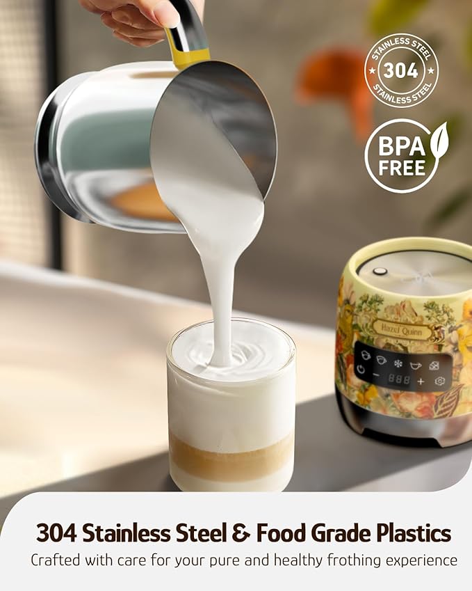 Hazel Quinn Milk Frother - Hot and Cold Detachable Milk Frother with Adjustable Temperature & Foam Thickness, Dishwasher Safe, for Latte/Cappuccino/Hot Chocolate, 400ML (13.5oz) - Floral Printed