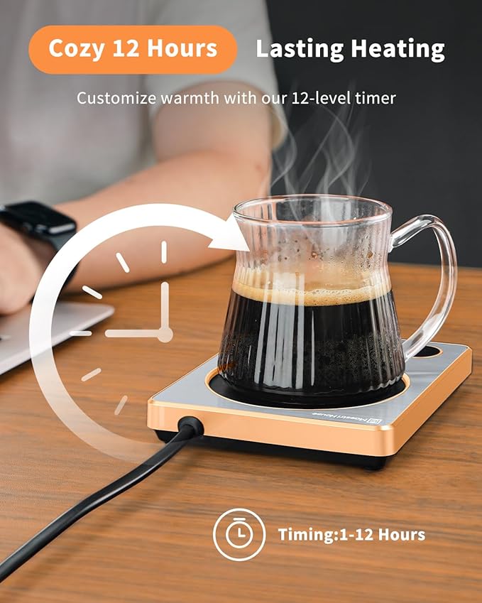 Maestri House ETL Listed Coffee Mug Warmer with 4 Temp Settings & 1-12 Hour Timer, Auto Shut Off for Desk, Smart Electric Beverage Warmer, Candle Melter for Home and Office (Gold)