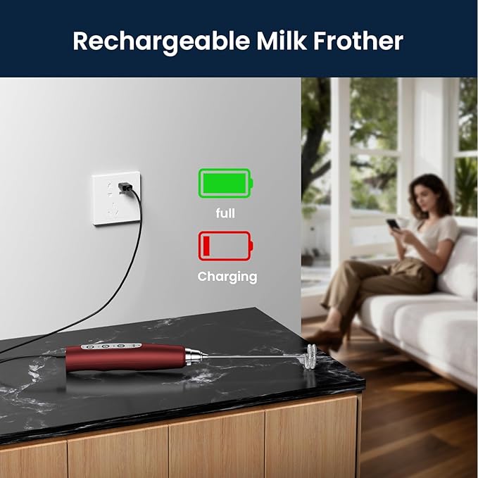 Sakgos Milk Frother Rechargeable Handheld-Electric Whisk 3 Speed Adjustable, Frother Wand Coffee with 3 Stainless Whisks, Electric Foam Maker, Drink Mixer Blender for Latte Cappuccino Matcha Egg