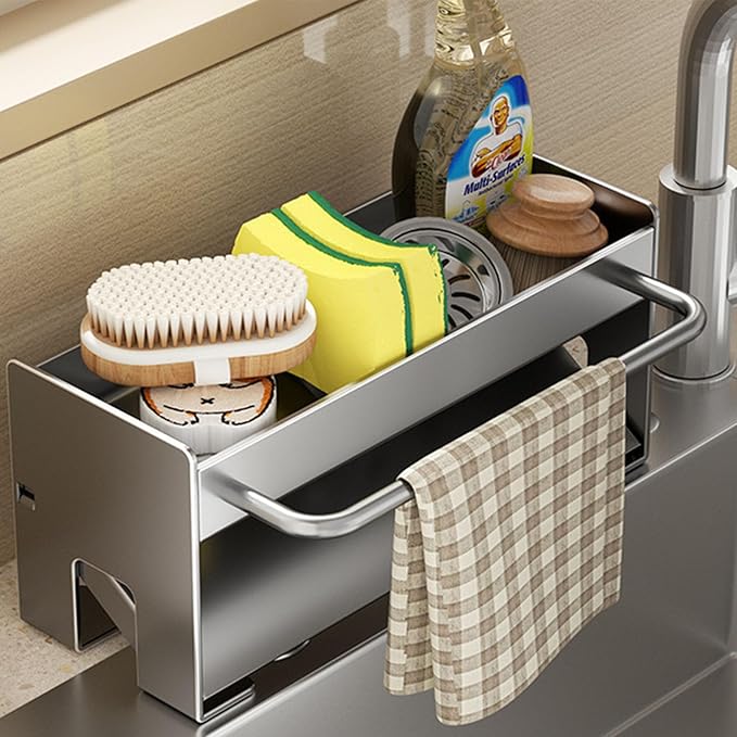 Utensil Holder,Compact Kitchen Sink Drying Rack - Durable and Stylish Solution,Self-Draining Tray Design,with Rag Rack（Gray）