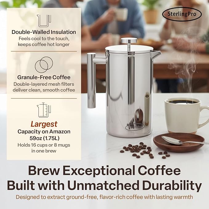 SterlingPro Stainless Steel French Press Coffee Maker 1.75 L (59 oz) Mirror – Double Walled Insulated Extra Large French Press, Durable Design Keeps Drinks Hot, Easy to Use and Clean for Rich Flavor