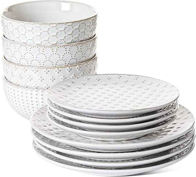 LE TAUCI Dinnerware Sets 12 PCS, Ceramic Plates and Bowls Set, Suit For Housewarming (10" Dinner Plate + 8" Salad Dish + 26 oz Cereal Bowl) x 4, Oven safe - Arctic White
