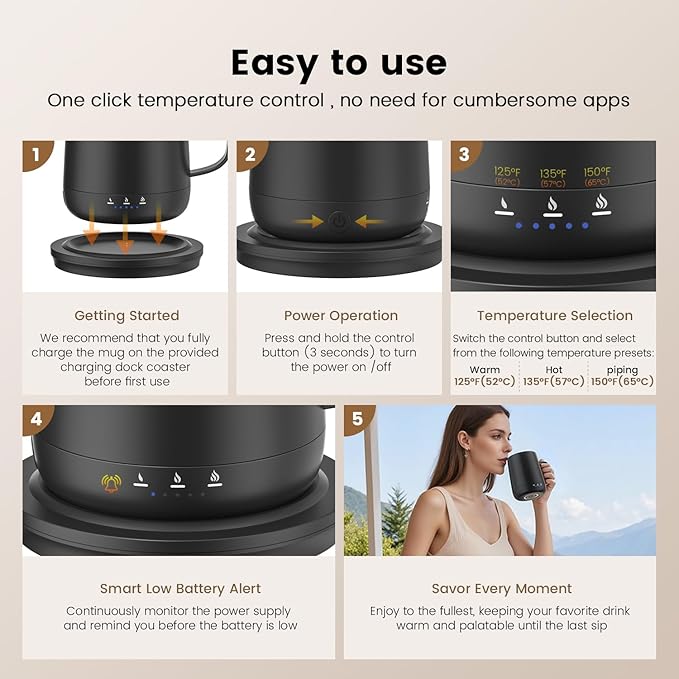 Smart Self Heating Coffee Mug,14oz Temperature Control Coffee Mug,Hot up to 150°F,Rechargeable Heated Coffee Mug,Up to 6H Battery Life,Coffee Cup Warmer,Great Gift for Coffee Lovers,Dad,Mom (Black)