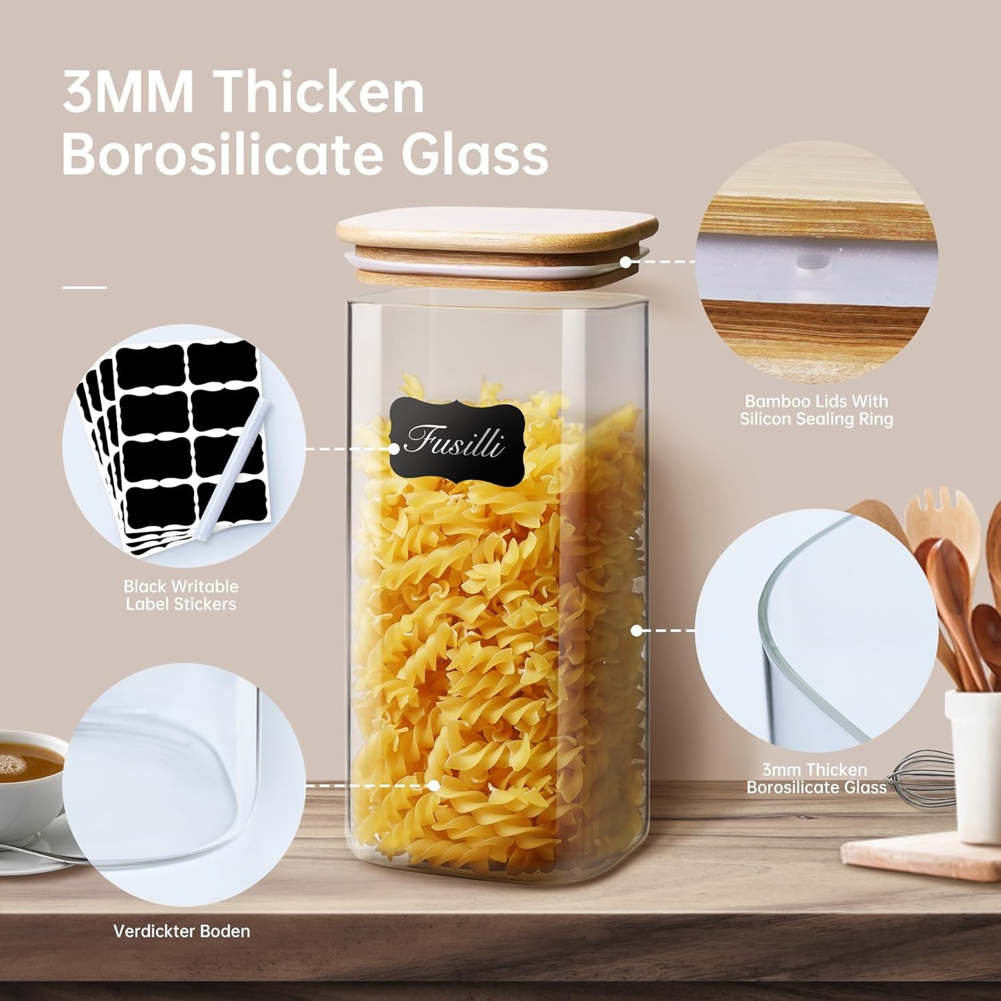 Square Glass Jars with Bamboo Lids 17 FL OZ [Set of 12], Glass Canisters with Airtight Lids, Glass Food Storage Containers for Spice, Sugar, Tea, Candies, Cookies, Best for Kitchen & Pantry