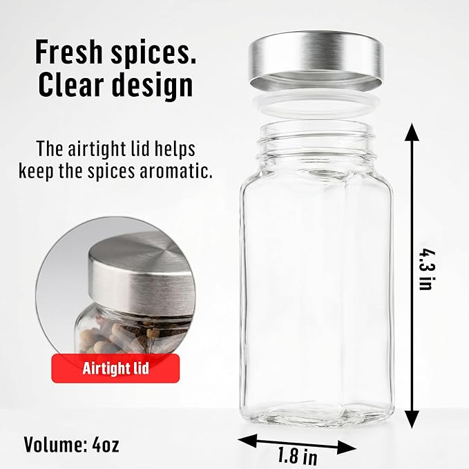 Deco haus Empty Glass Spice Jars with White Label 24x4oz [LABELS incl] Spice Containers with Labels, Shaker Lids & Funnel - Empty Herb Seasoning Containers, Small Seasoning Bottles for Herb