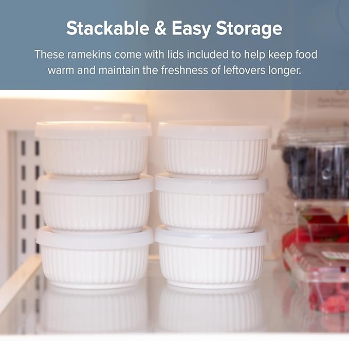 Nuwave 6pc Ceramic Ramekins w/Lid 8oz, Classic Elegant Style Ramekins, Bake Souffles, Creme Brulées, Custards, Puddings, 4.3” Wide & 2” Tall, Oven, Microwave & Dishwasher-Safe, PFAS Free, Ivory White
