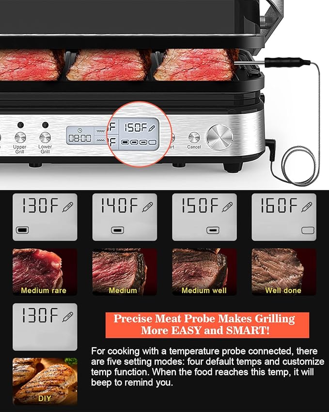 Panini Press Grill Sandwich Maker with Removable Plates, 1600W, 5 in 1 Smokeless Indoor Grill & Griddle with Meat Thermometer, Electric Contact Grills for Kitchen, Stainless Steel