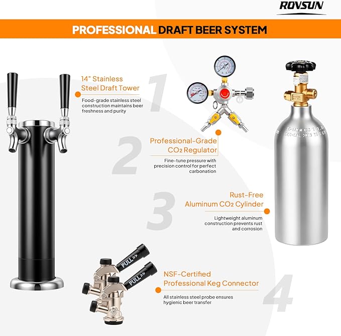 ROVSUN BF-152 Full Size 5.4 Cu.Ft, Beer Kegerator with CO2 Tank Included, Draft Beer Dispenser for Home Bar, 152L Beverage Refrigerator Direct Cool, Metal Cabinet, Dual Tap, Black