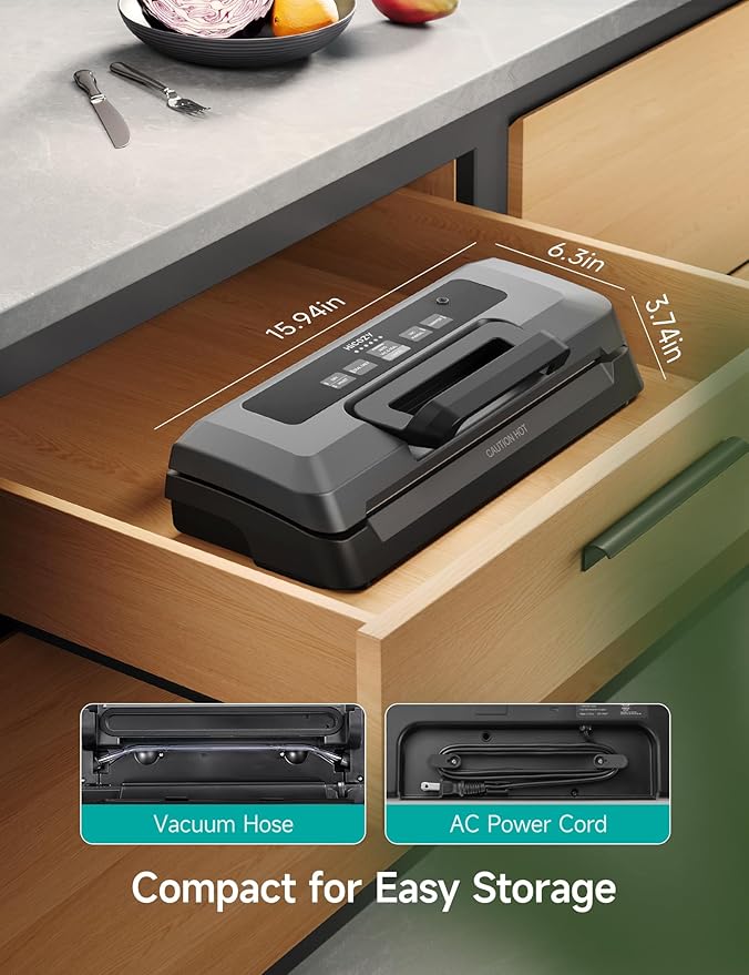 HiCOZY Vacuum Sealer for Food, Powerful Heat Food Sealer, Dry Moist 7-1 Multiple Automatic Modes, Easy-Lock Handle, Compact Design with 10 Vacuum Bags & 2 Bag Rolls, Bag Cutter Included, Space Gray