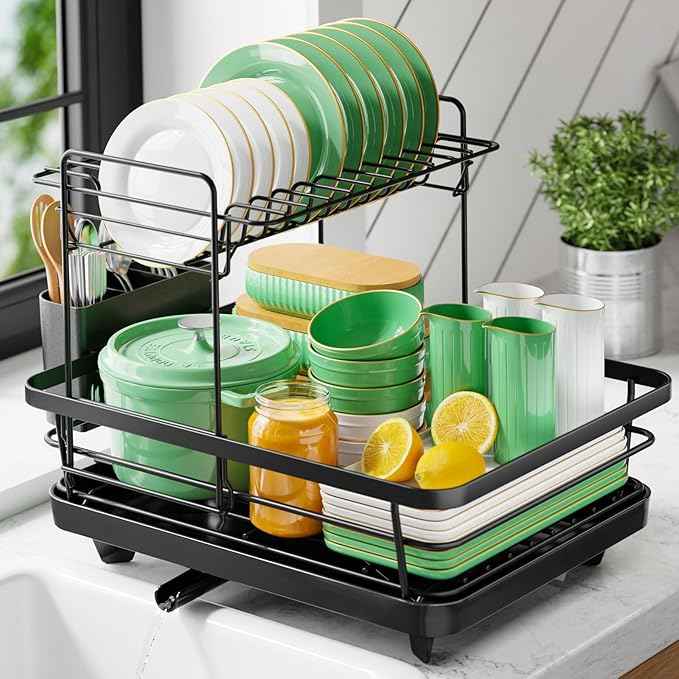 Kitsure Dish Drying Rack for Kitchen Counter, Stainless Steel Sink Organization and Storage Essentials with Cutlery Holder, Home and Appartment Decor, 12''W x 15.5''L, 2-Tiers, Black
