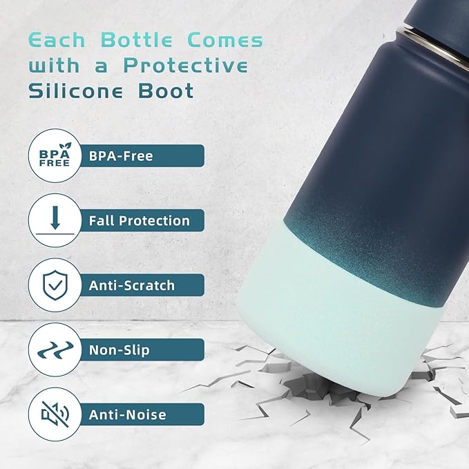 Volhoply 14oz KIds Stainless Steel Insulated Leakproof Water Bottle with Straw Lid and Silicone Boot,BPA-Free Easy Use for Boys&Girls,Double Wall Vacuum Bottles(Blue Green,1)