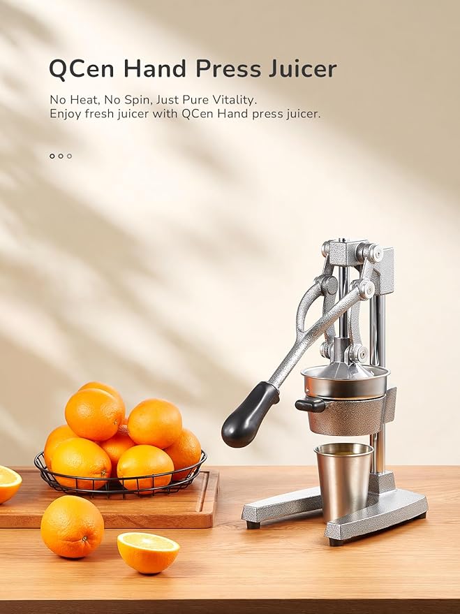 QCen Professional Cast Iron Manual Juicer, Heavy Duty Citrus Press with Stainless Steel Strainer, Easy-to-Clean Hand Squeezer for Orange, Lemon, Lime and Grapefruit - Black (Silver)