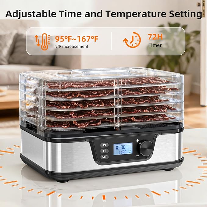 Kndko Food Dehydrator 350W Machine With Digital Adjustable Temperature and 72H Timer,5 BPA-Free Stainless Steel Trays for Fruits Vegetables and Meat