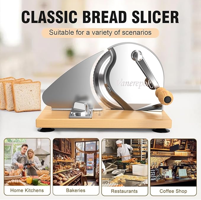 vanerepok Manual Bread Slicer for Homemade Sourdough Bread Versatile Hand Crank Bread Slicer for Sourdough Crusty Bread Etc Stainless Steel Slicers Adjustable Width for Homemade & Commercial Use