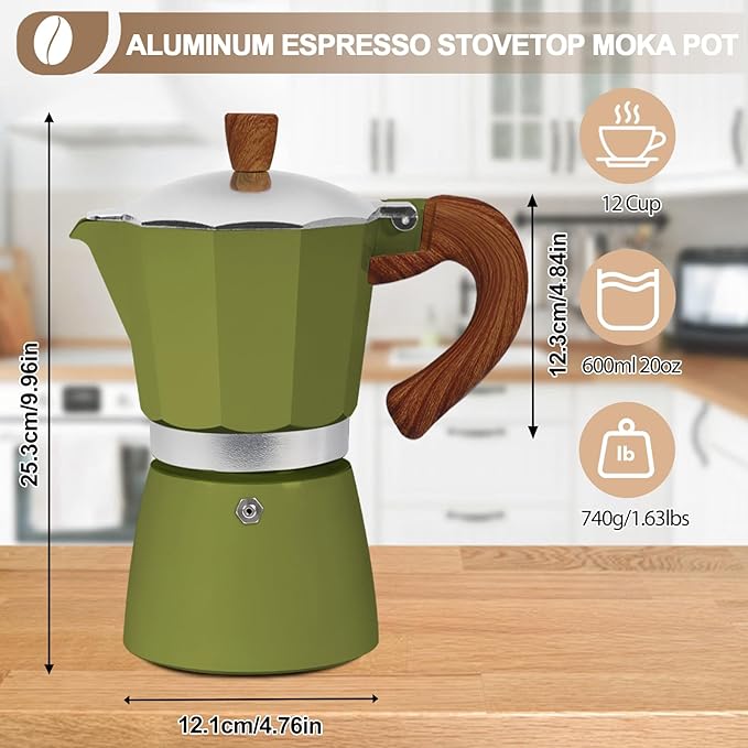 Aluminum 12 Cup 600ml Moka Pot Express Coffee Maker Stovetop Espresso Colorful Coffeemaker Italian Classic Style Brewing Greca Cafe Mocha Machine for Cafeteras Lover Camping Travel and Home Use 20oz