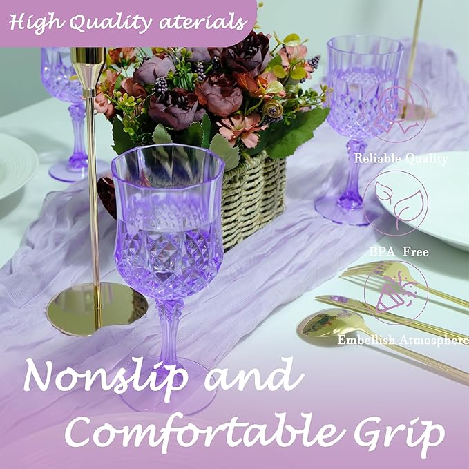 Plastic Wine Glasses, Plastic Goblets Vintage Style Cordial Unbreakable Drinking Glasses, Reusable Drinkware for Wedding Reception, Grand Event Party Supplies (24, Purple)