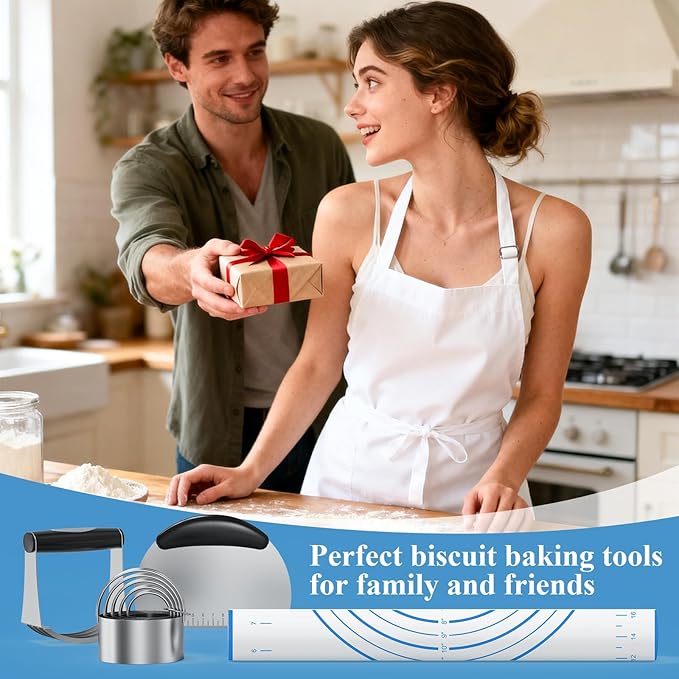 Biscuit Cutter Set, Blue Silicone Baking Mats，Stainless Steel Pastry Blender, Dough Cutter,Pastry Cutter, Baking Tools and Accessories Kit (4 Set Blue)
