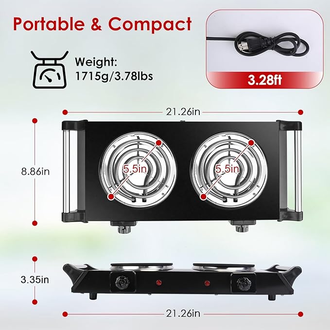 Electric Countertop Double Burner, 2000W Cooktop with Coil Hot Plate & Stay Cool Handles, 5 Level Temperature Control, Easy to Clean, Indicator Lights, Cooking Stove for Office/Home/Camping Use