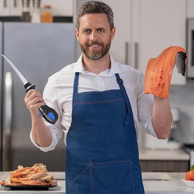 Cordless Electric Fillet Knife - 5 Ti-Nitride Coated Non-Stick Blades, Ergonomic Non-Slip Grip Handle & Cooling Vent Stylish with Carry Bag,Perfect Electric Knife for Cutting Board Effortless Fishing (Blue)