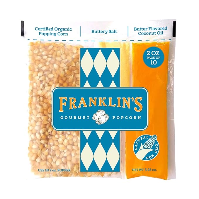 Franklin's Gourmet Popcorn All-In-One Popcorn Packs for Popcorn Machine - 2oz Pack of 10 - Packs of Organic Corn Kernels with Buttery Salt & Oil | Made in USA