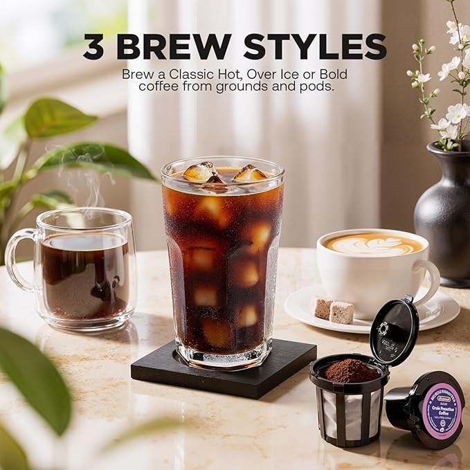 Tastyle Single Serve Coffee Maker Hot and Iced with Bold Brew, Small Coffee Machine for K Cup and Ground, Fits 7.3'' Travel Mug, Brews up to 16 Oz, 5 Cup Sizes, Compact for Office, RV& Hotel, Lavender