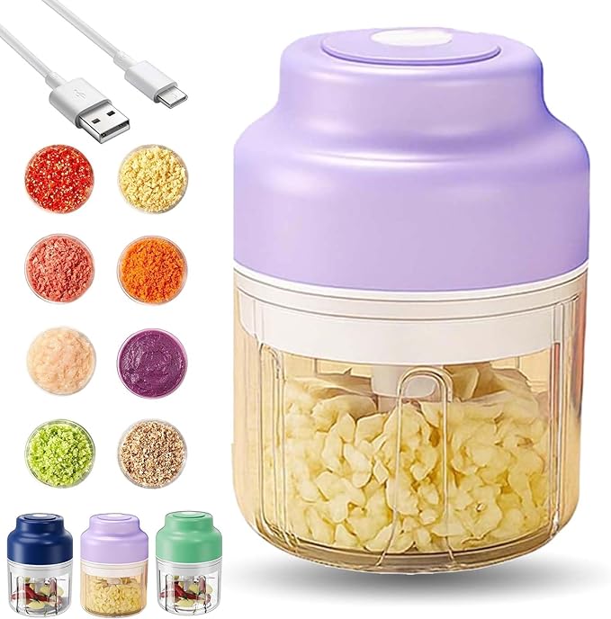 Electric Garlic Chopper, Mini Portable Veggie Cutter with 4/6 Stainless Steel Blades, Portable Wireless Rechargeable Mini Electric Garlic Food Chopper for Garlic, Onion, Chili, Nuts (Purple,250ML)