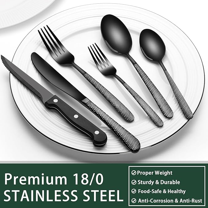 EWFEN 24-Piece Black Silverware Set with Steak Knives, Black Flatware Set for 4, Food-Grade Stainless Steel Tableware Cutlery Set, Mirror Finished Utensil Sets for Home Restaurant, Round Hammered