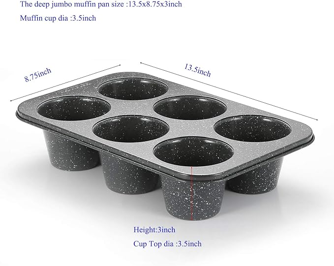 Monfish 2PCS Deep Jumbo Muffin Pan 6 Cup Carbon Steel Black Stone non Stick Coating Muffin Tin 3.5diax3 cup