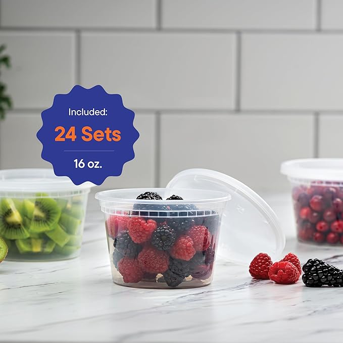 Stack Man [60-Sets] Plastic Deli Food Storage Containers with Airtight Lids Combo Set | 32 oz | 16 oz | 8 oz. | Disposable Plastic Takeout Containers for Soup - Freezer, Microwave and Dishwasher Safe