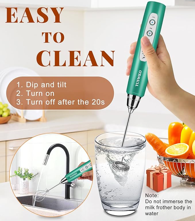YUSWKO Milk Frother Handheld for Coffee, Rechargeable Drink Mixer with 3 Heads 3 Speeds Electric Coffee Frother Whisk, Gift for Many Occasions and Festival