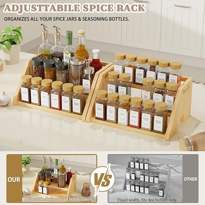 Bamboo Spice Rack Organizer -3-Tier Spice Rack for Countertop,Cabinet Spice Rack Organizer for 18 Spice Jars(4oz)，Step Shelf(Yellow)