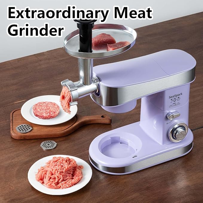 Multifunctional Stand Mixer, 6 in 1 Stand Mixer, 6.3Qt Tilt-head, Standing Mixer with Stainless Steel Bowl, Meat Grinder, Juice Blender, for professional Baking and Most Home Cooks, Purple
