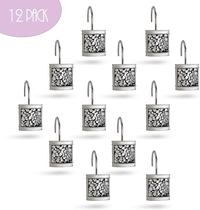 Creative Scents Crackled Glass Shower Curtain Hooks Decorative Set of 12 Silver Shower Curtain Rings for Bathroom Shower Rod - Elegant Crackled Glass Silver Bathroom Accessories